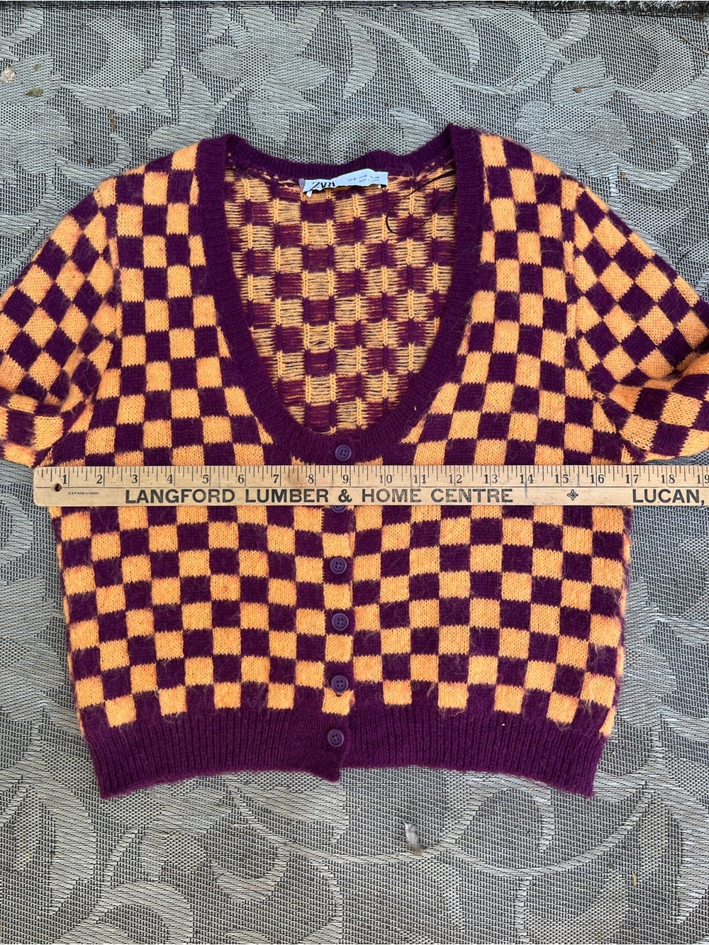 Zara Purple and Gold Checkered V-Neck Cropped Cardigan - Picture 5 of 8